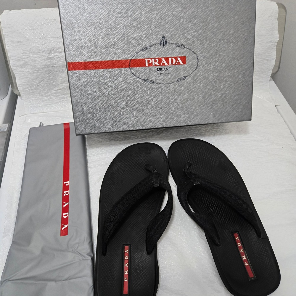 Prada Linea Rossa Black Canvas Flip Flop Sandals with Box and Dust Bag